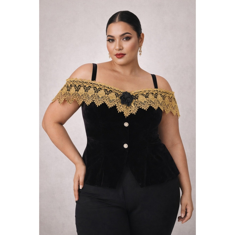 WHY Collection New York Velvet Lace Off Shoulder Top Black Gold Size 10